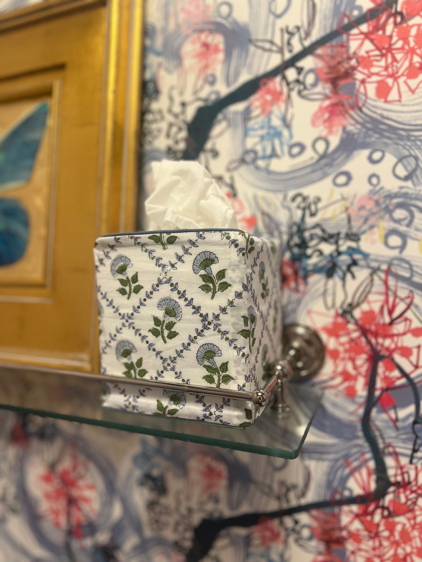 Block Print Tissue Box Cover (Blue Vine)