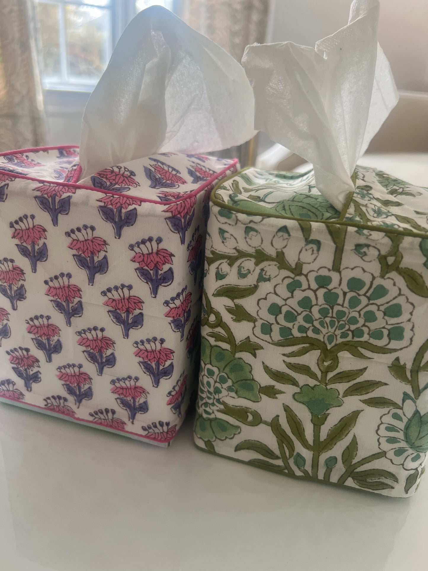 Block Print Tissue Box Cover (Green/Blue)