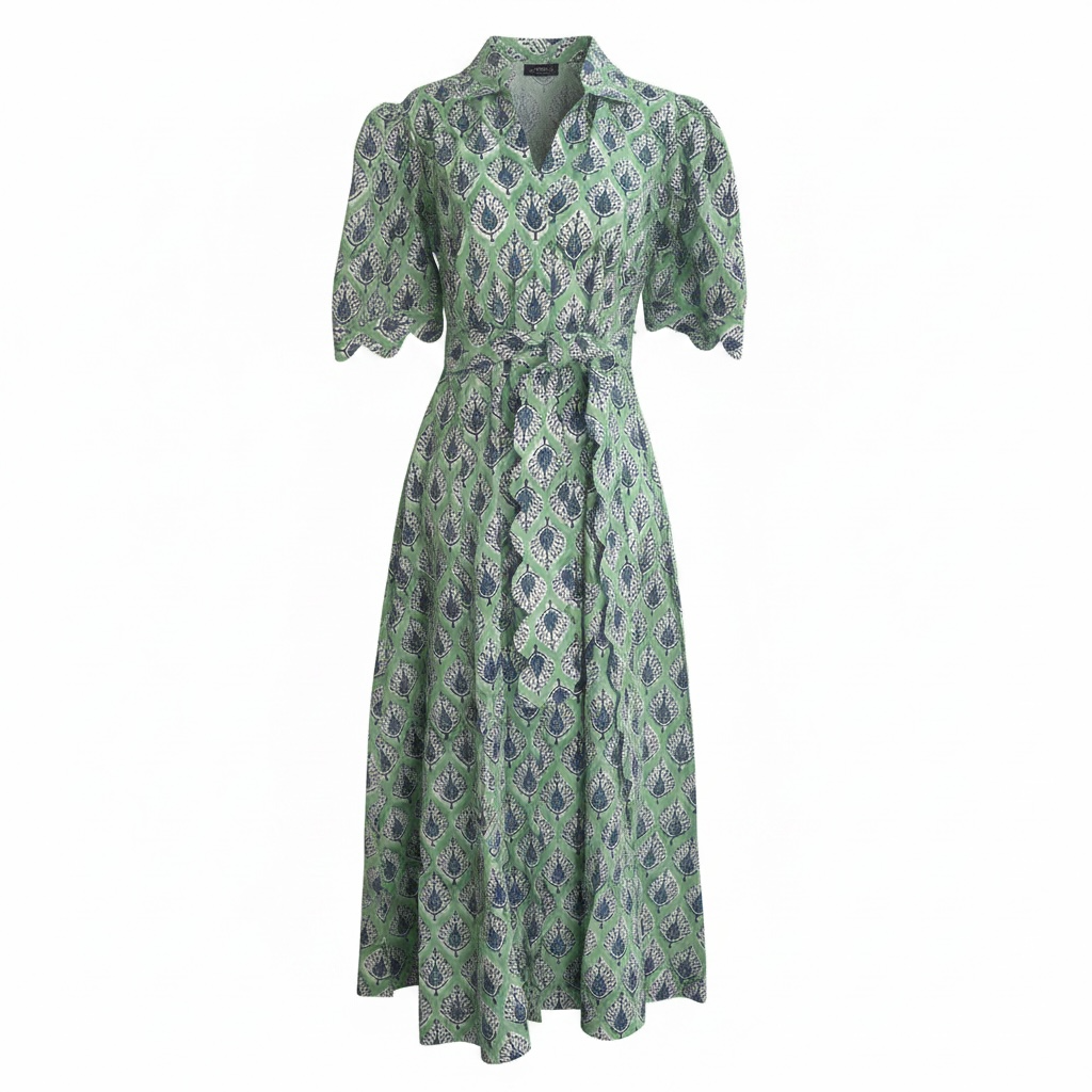 Women’s Scallop Tie Waist Midi Dress- Mint