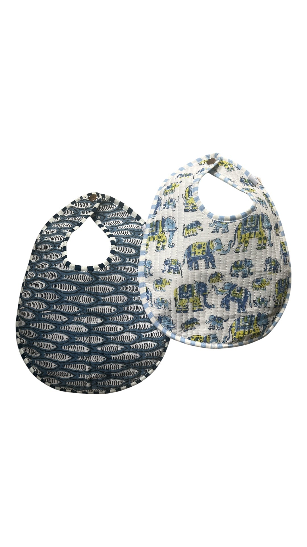 Block Print Quilted Baby Bibs- Elephant and Fish - Set of 2