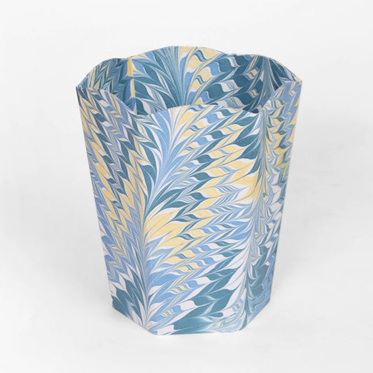 Hand Marbled Scalloped Wastepaper/Storage Basket - Carolina Blue