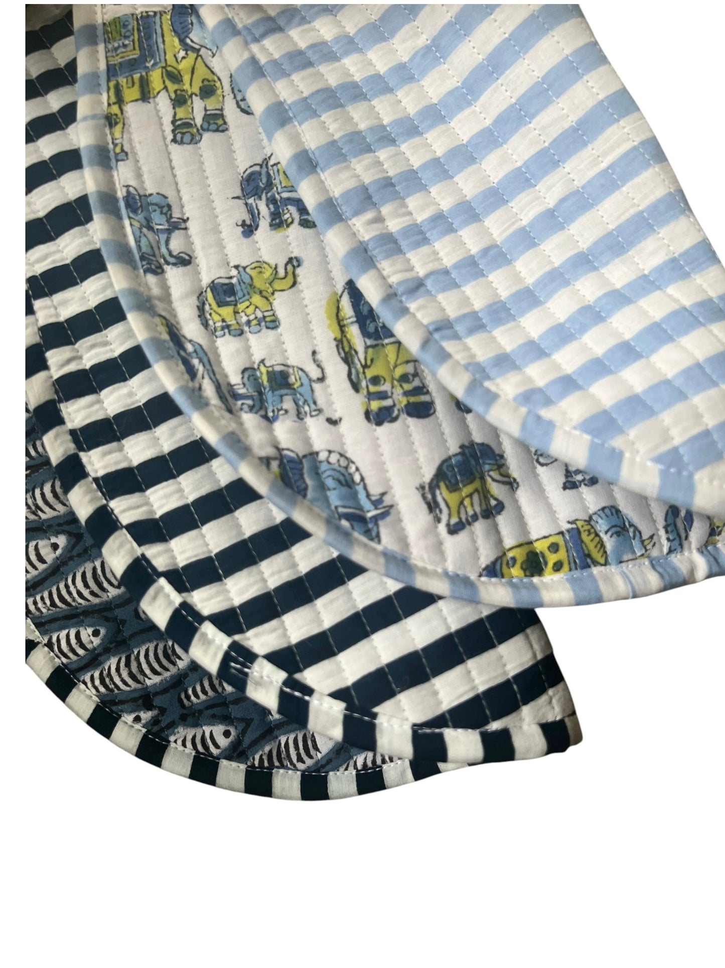 Block Print Quilted Baby Bibs- Elephant and Fish - Set of 2