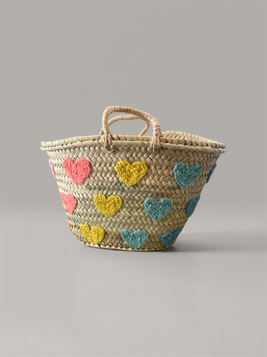 Moroccan Basket Tote - Colorful Hearts (Small)