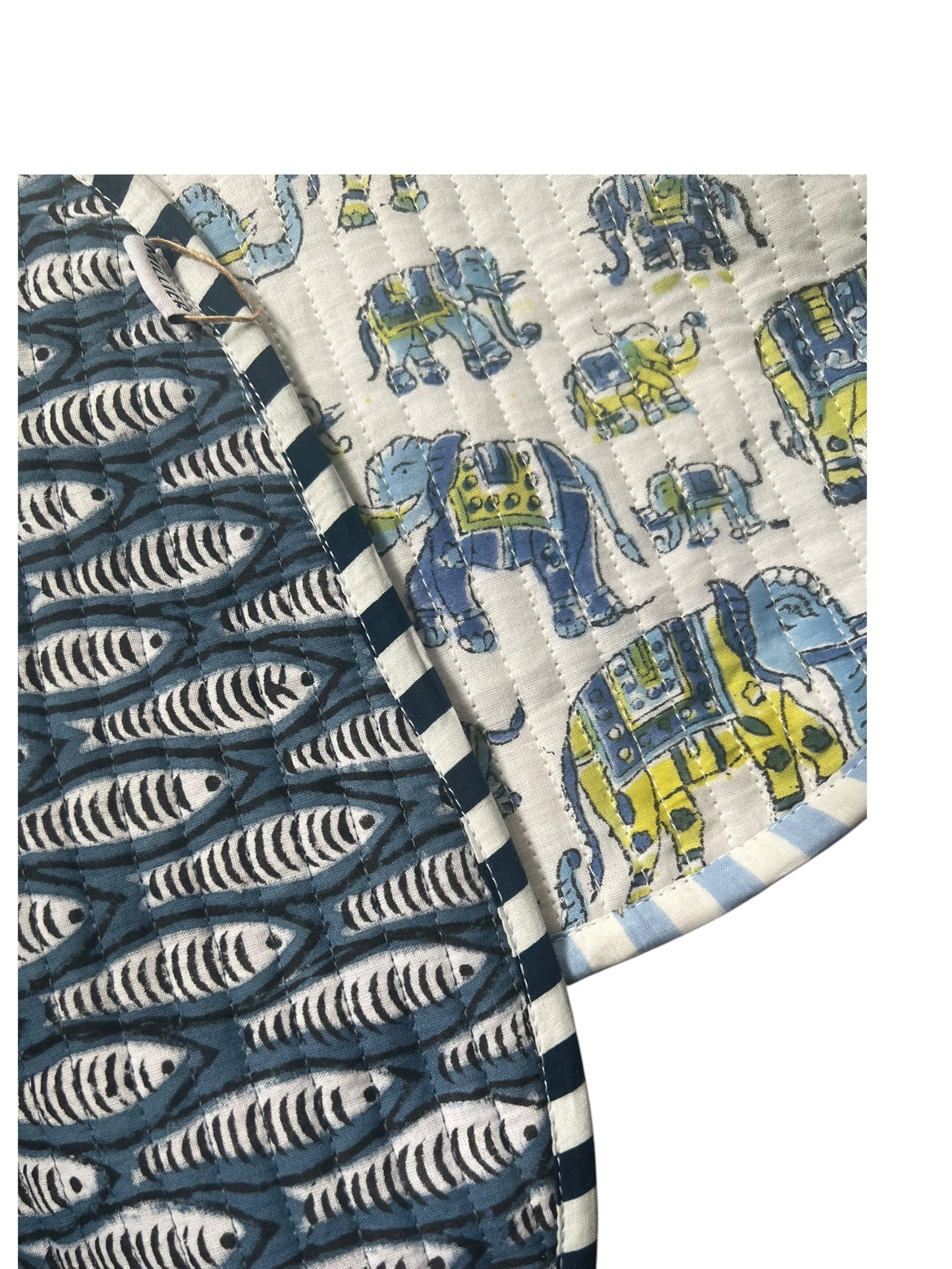 Block Print Quilted Baby Bibs- Elephant and Fish - Set of 2