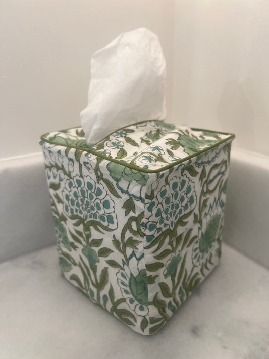 Block Print Tissue Box Cover (Green/Blue)