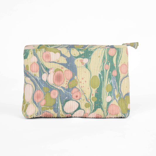 Hand Marbled Quilted Cosmetic Pouch- Spring Green